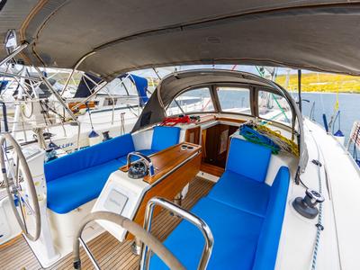 Deck of Fjaka, a Bavaria Cruiser 37 sailboat at Punat, Croatia