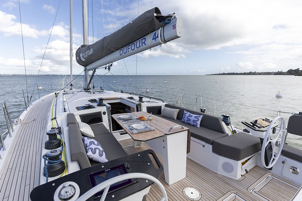 Deck of Estela, a Dufour 44 sailboat at es Jonquet, Spain