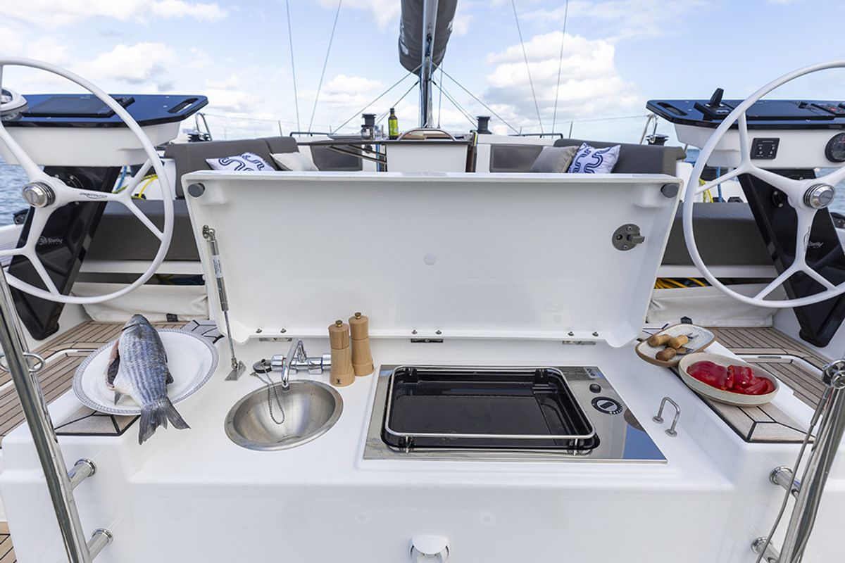 Deck of Estela, a Dufour 44 sailboat at es Jonquet, Spain