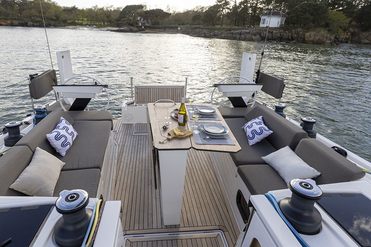 Deck of Estela, a Dufour 44 sailboat at es Jonquet, Spain