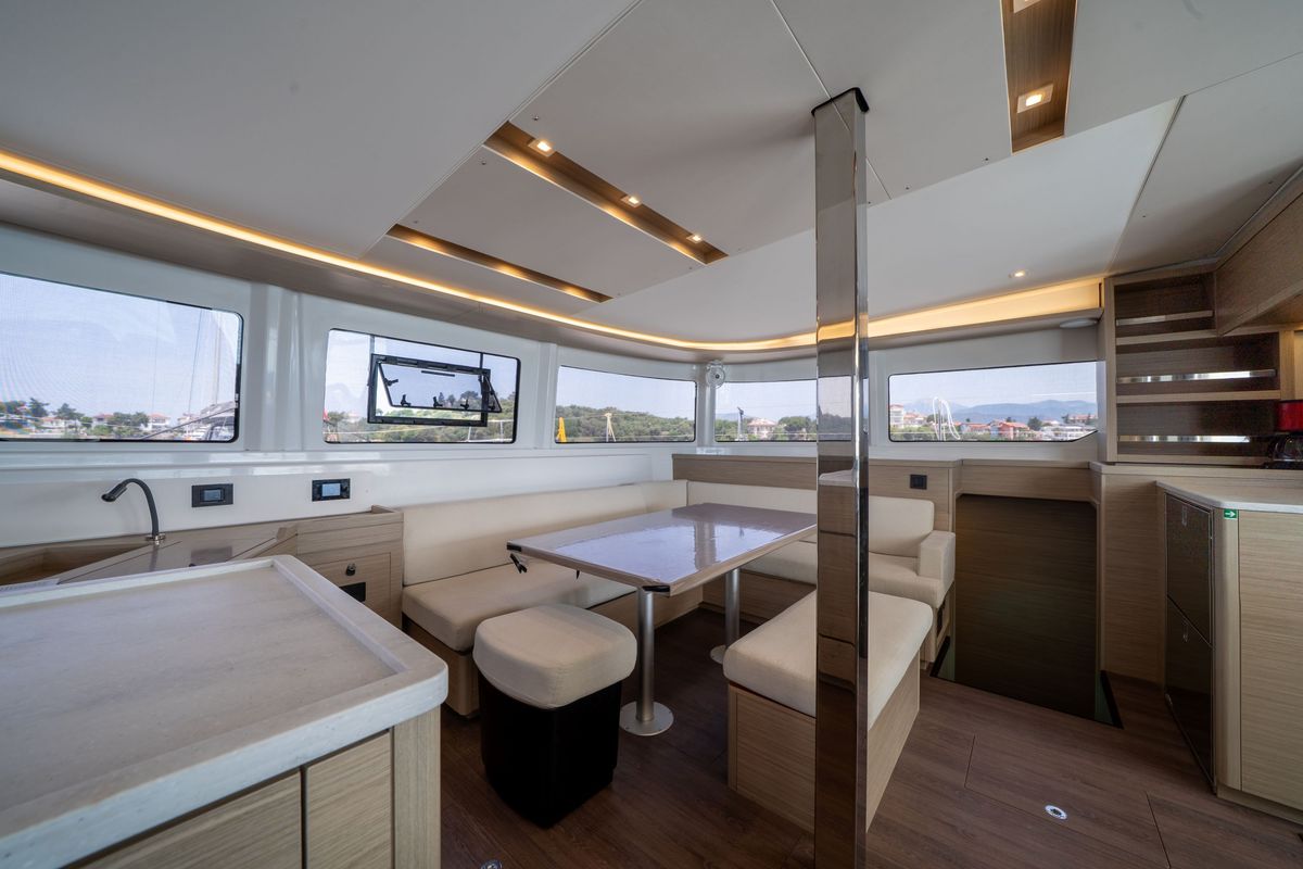 Salon of Blue Dream 48, a Lagoon 46 catamaran at Fethiye, Turkey