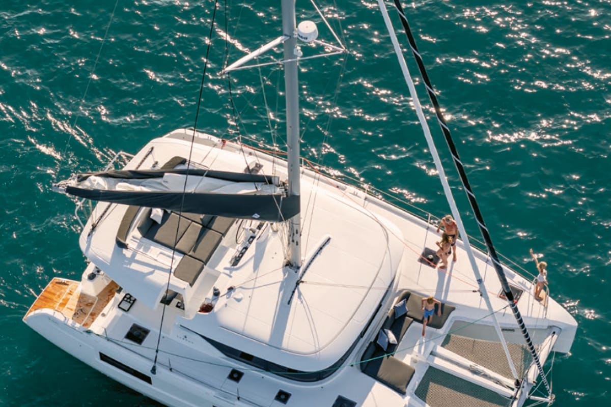 Exterior view of Blue Dream 48, a Lagoon 46 catamaran at Fethiye, Turkey