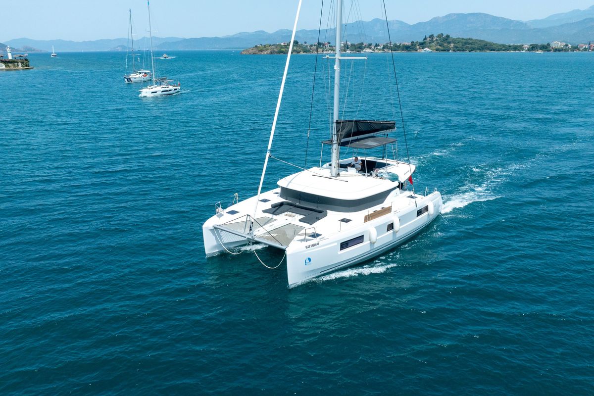 Exterior view of Blue Dream 48, a Lagoon 46 catamaran at Fethiye, Turkey