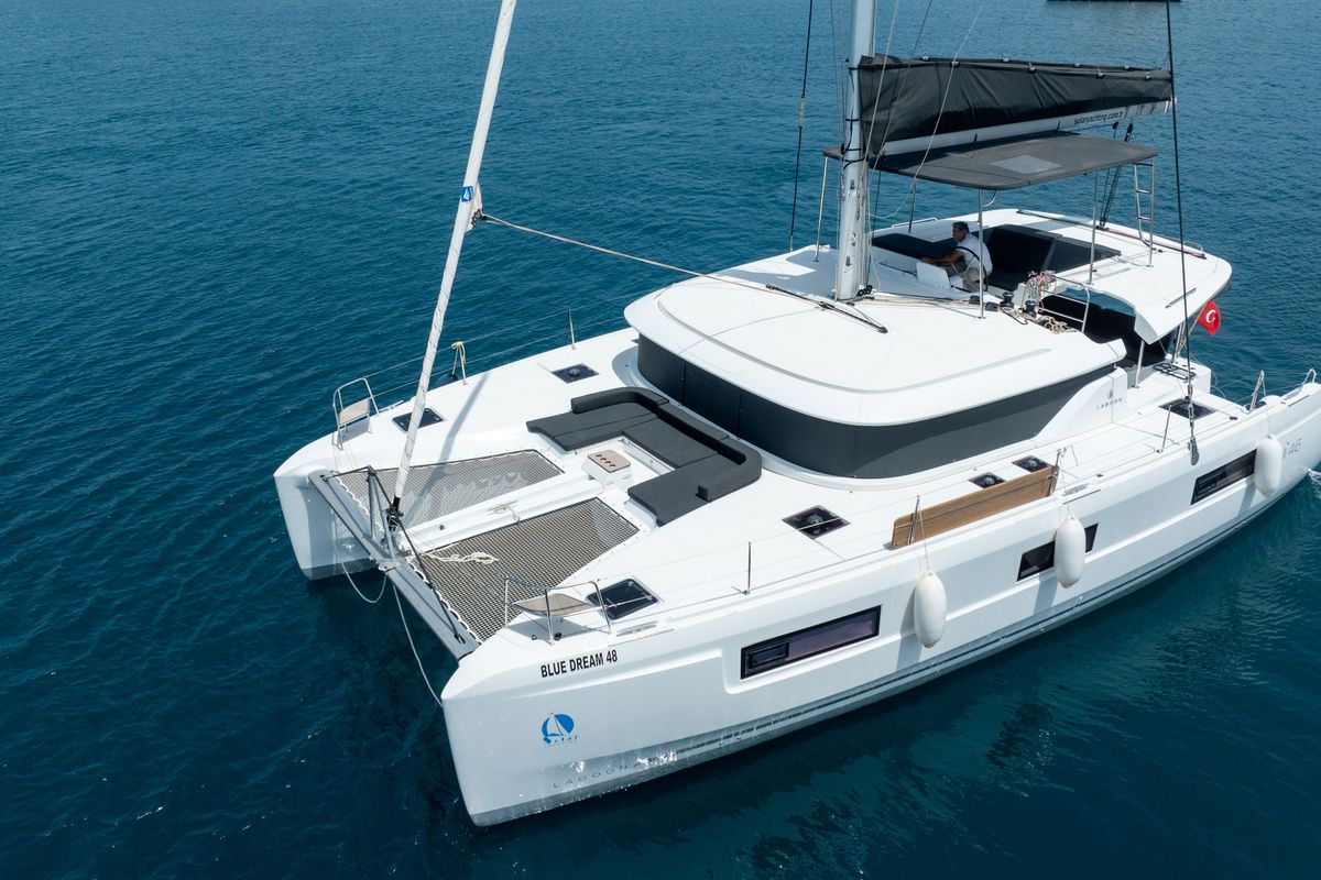 Exterior view of Blue Dream 48, a Lagoon 46 catamaran at Fethiye, Turkey