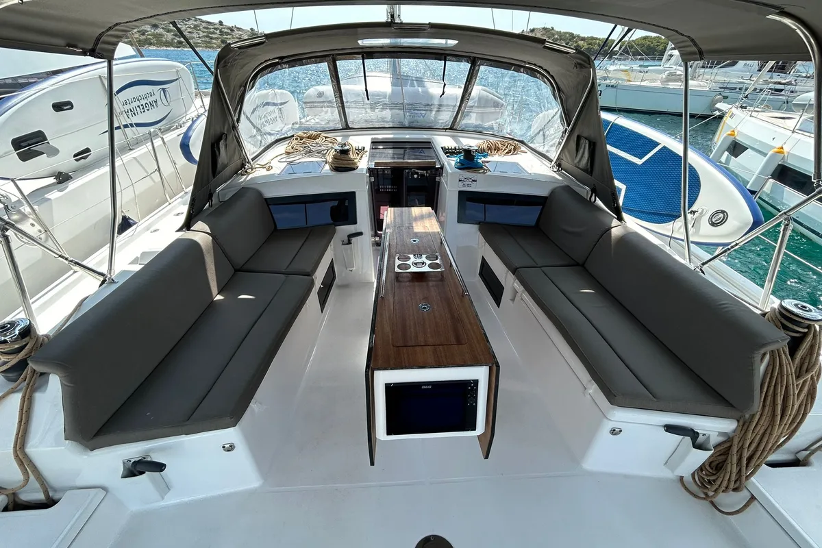 Deck of Fantasea, a Dufour 470 sailboat at Grad Vodice, Croatia