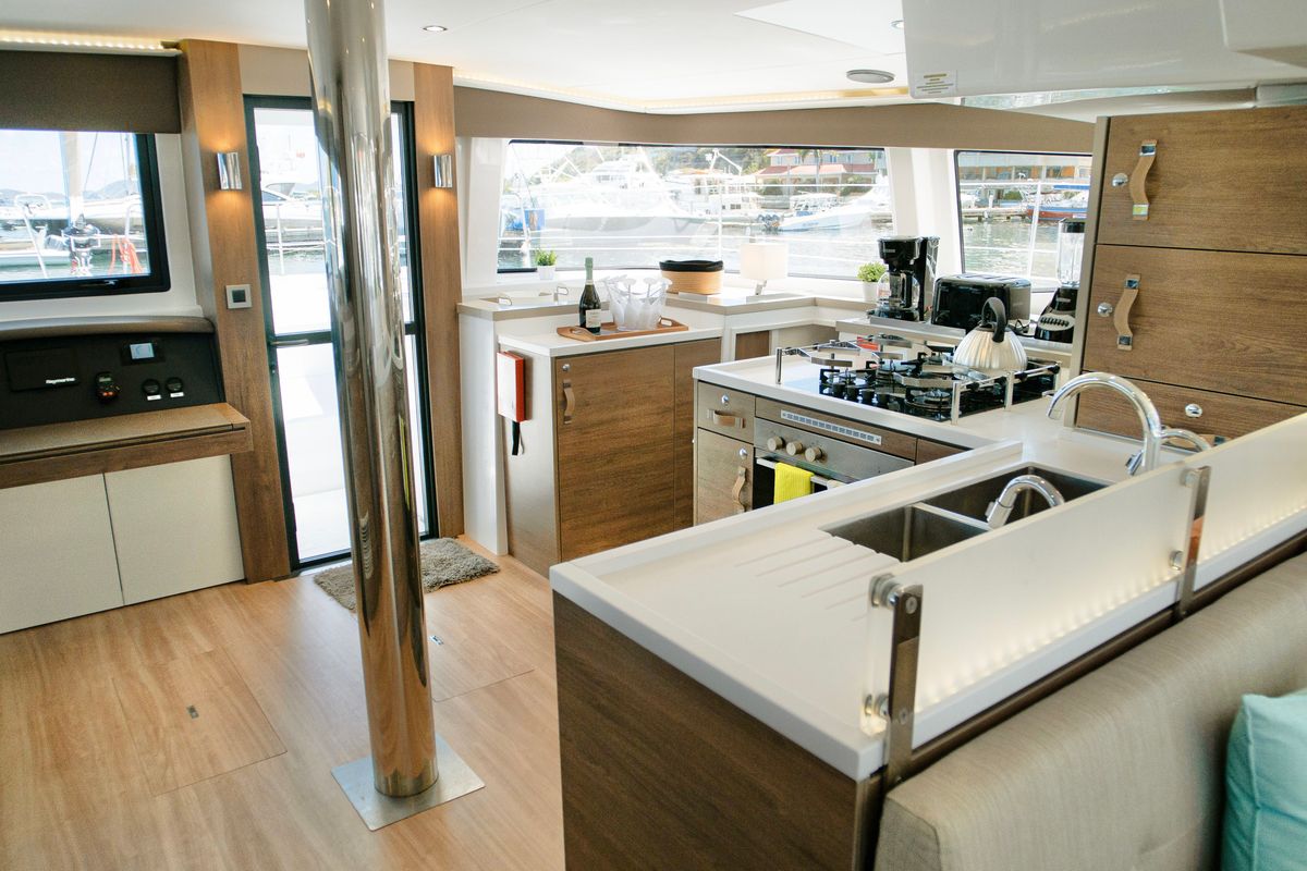 Salon of CattyShack, a Bali 4.8 catamaran at Parham Town, British Virgin Islands