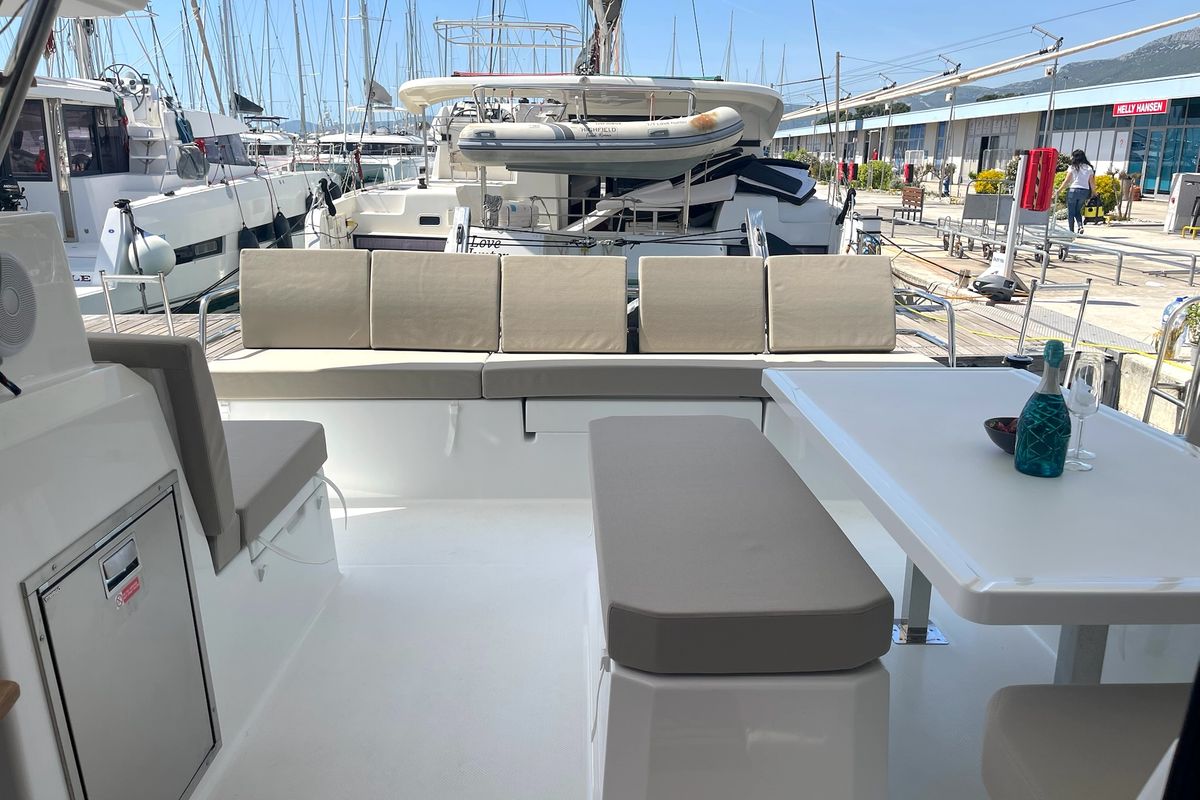 Deck of Ocean Allure, a Fountaine Pajot Astrea 42 catamaran at Grad Kaštela, Croatia