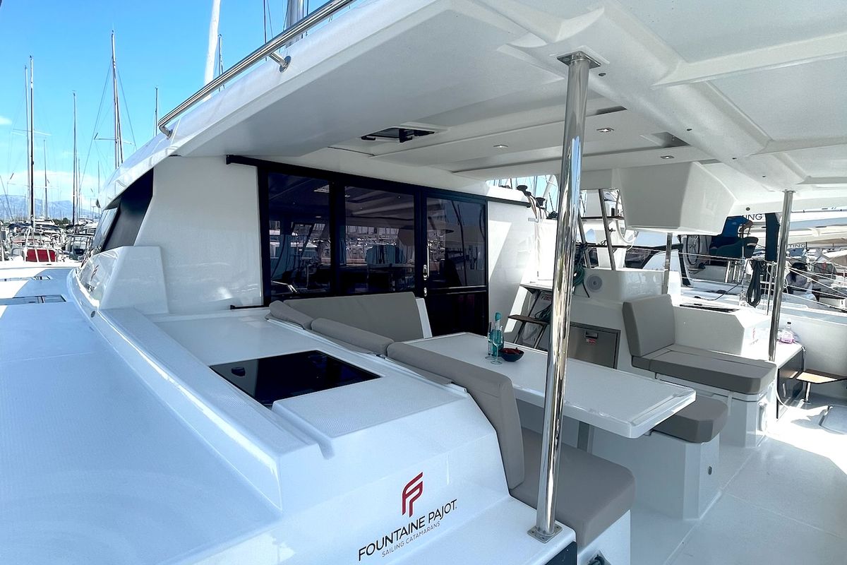 Deck of Ocean Allure, a Fountaine Pajot Astrea 42 catamaran at Grad Kaštela, Croatia