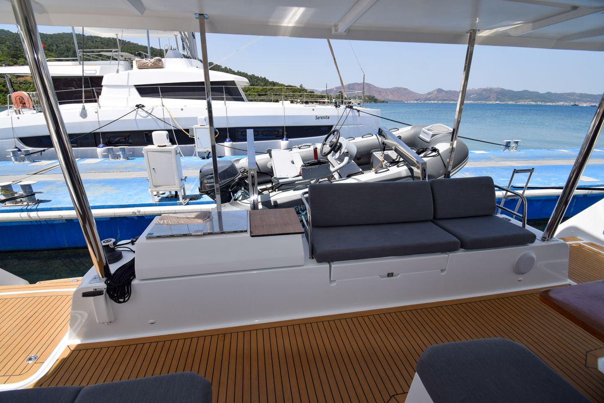 Deck of MILLY 2, a Fountaine Pajot Elba 45 catamaran at Marmaris, Turkey
