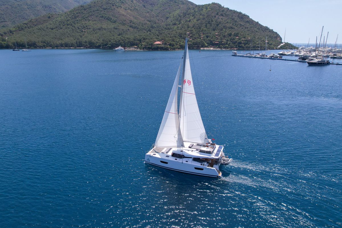 Exterior view of MILLY 2, a Fountaine Pajot Elba 45 catamaran at Marmaris, Turkey