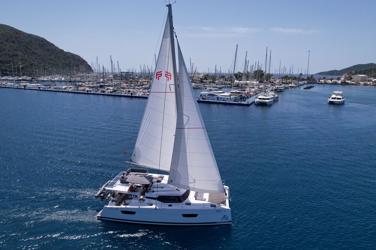 Exterior view of MILLY 2, a Fountaine Pajot Elba 45 catamaran at Marmaris, Turkey