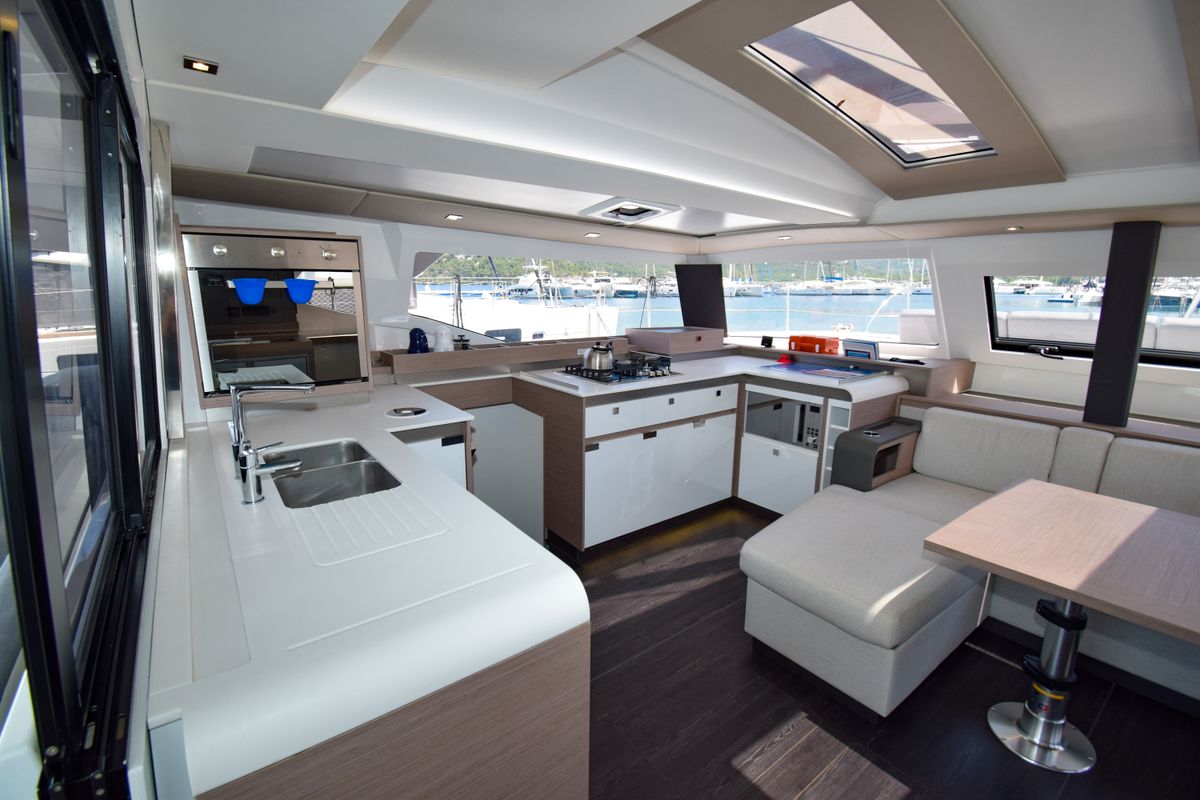 Galley of MILLY 2, a Fountaine Pajot Elba 45 catamaran at Marmaris, Turkey