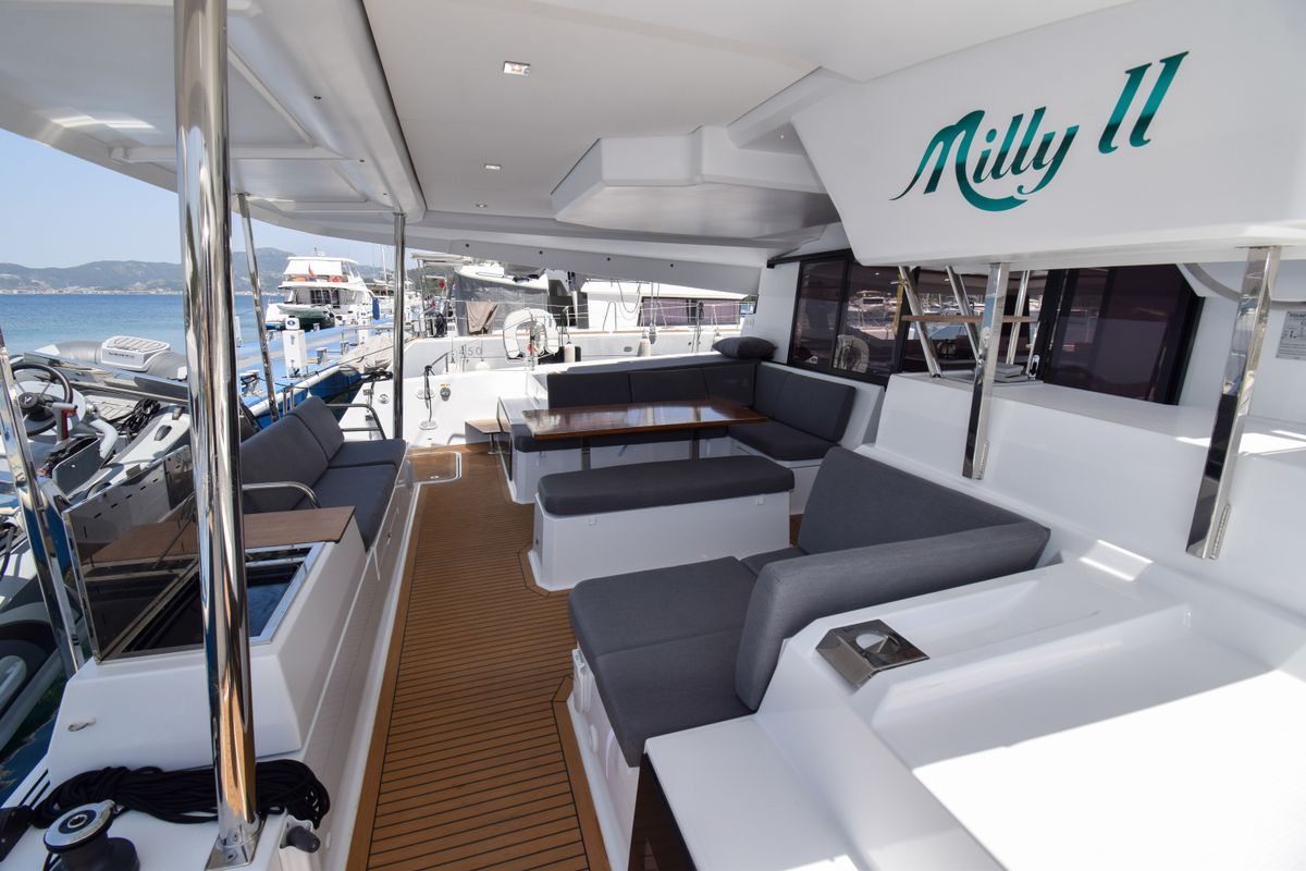 Deck of MILLY 2, a Fountaine Pajot Elba 45 catamaran at Marmaris, Turkey