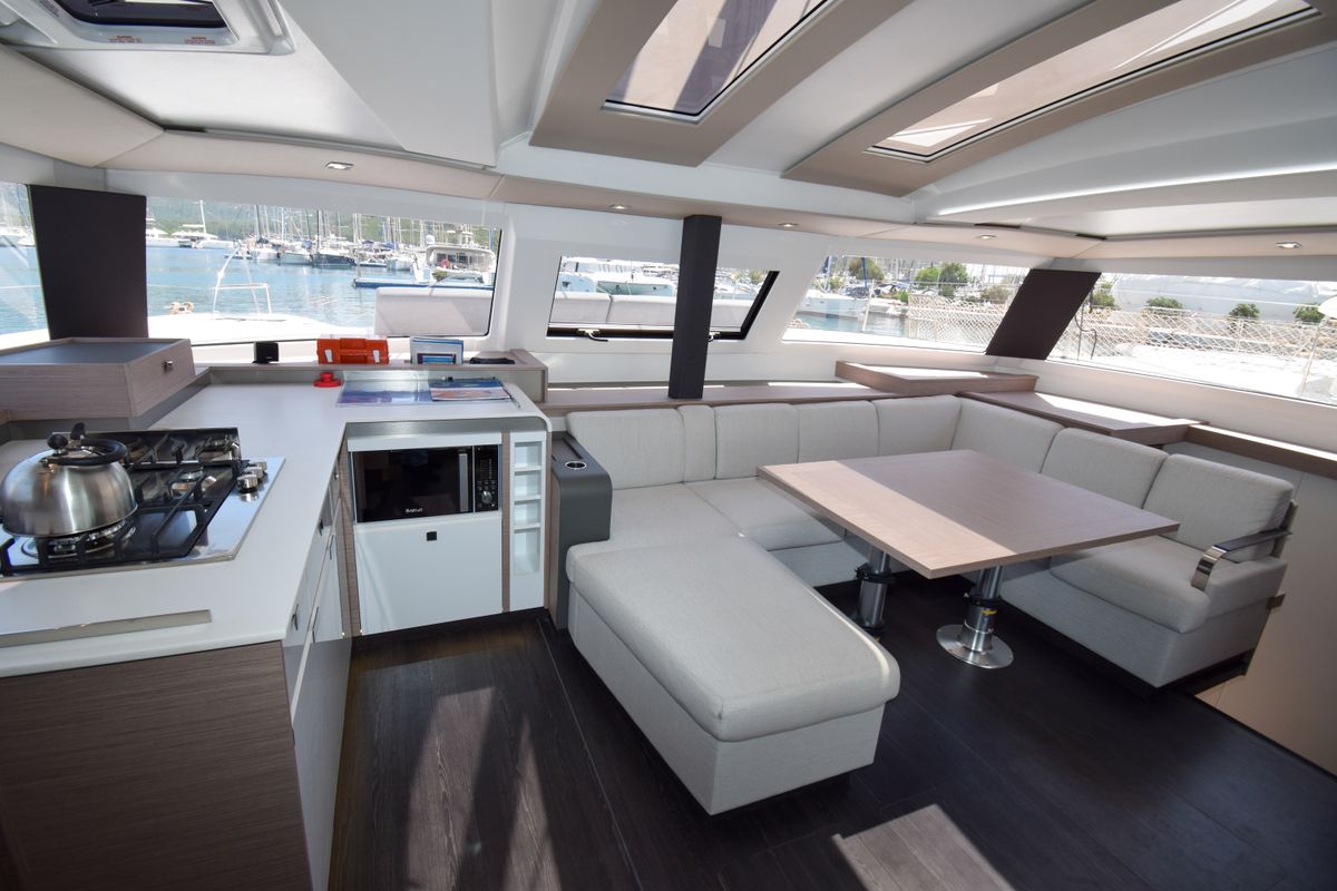 Salon of MILLY 2, a Fountaine Pajot Elba 45 catamaran at Marmaris, Turkey