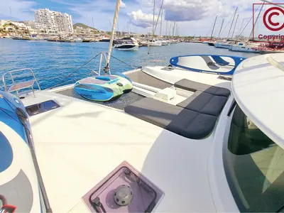 Deck of Blue Regeneration, a Lagoon 46 catamaran at Sant Antoni de Portmany, Spain