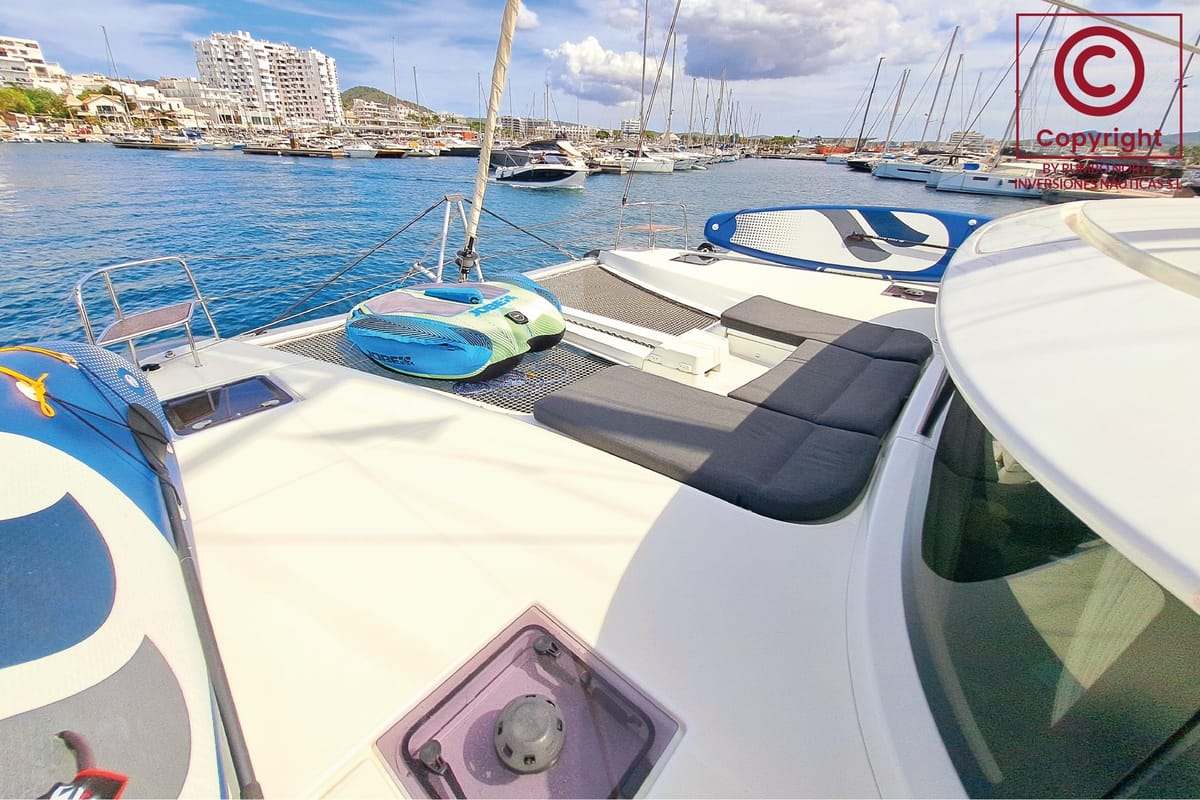 Deck of Blue Regeneration, a Lagoon 46 catamaran at Sant Antoni de Portmany, Spain