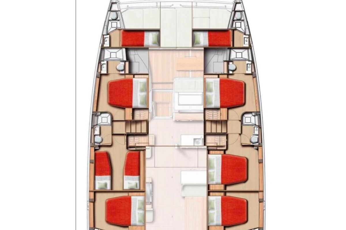 Floor plan of Leone, a Bali 5.8 catamaran at Olbia, Italy