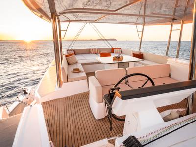 Cockpit of Leone, a Bali 5.8 catamaran at Olbia, Italy