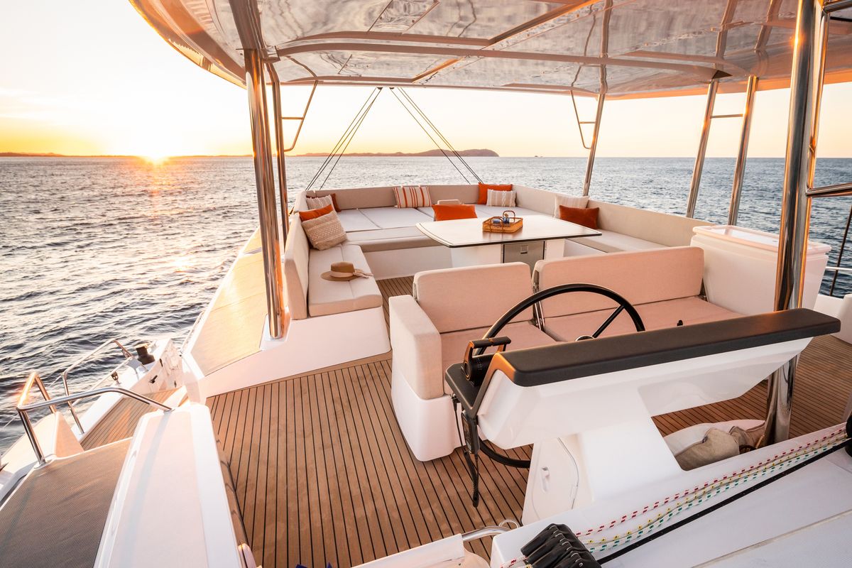 Cockpit of Leone, a Bali 5.8 catamaran at Olbia, Italy