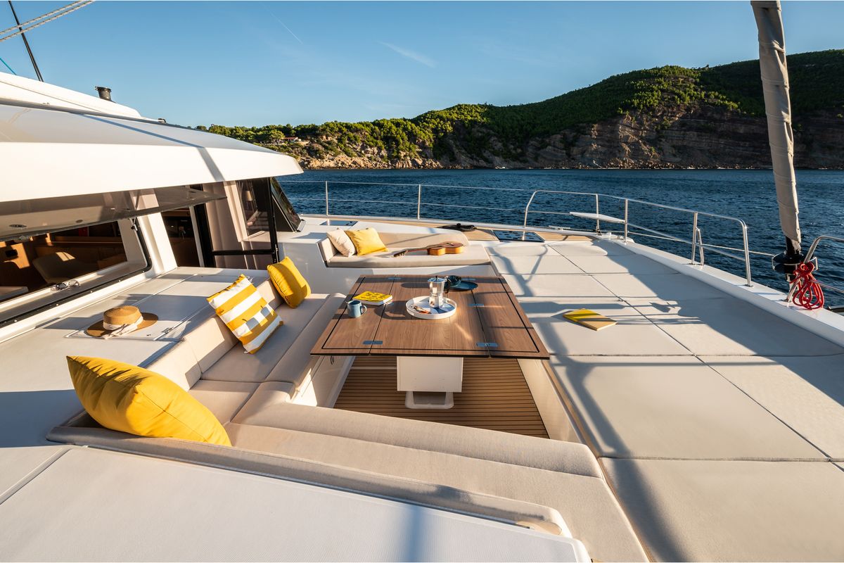 Deck of Leone, a Bali 5.8 catamaran at Olbia, Italy