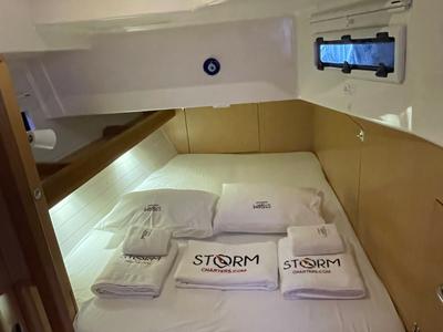 Cabin on Wave Dancer, a Bavaria Cruiser 45 sailboat at Marmaris, Turkey