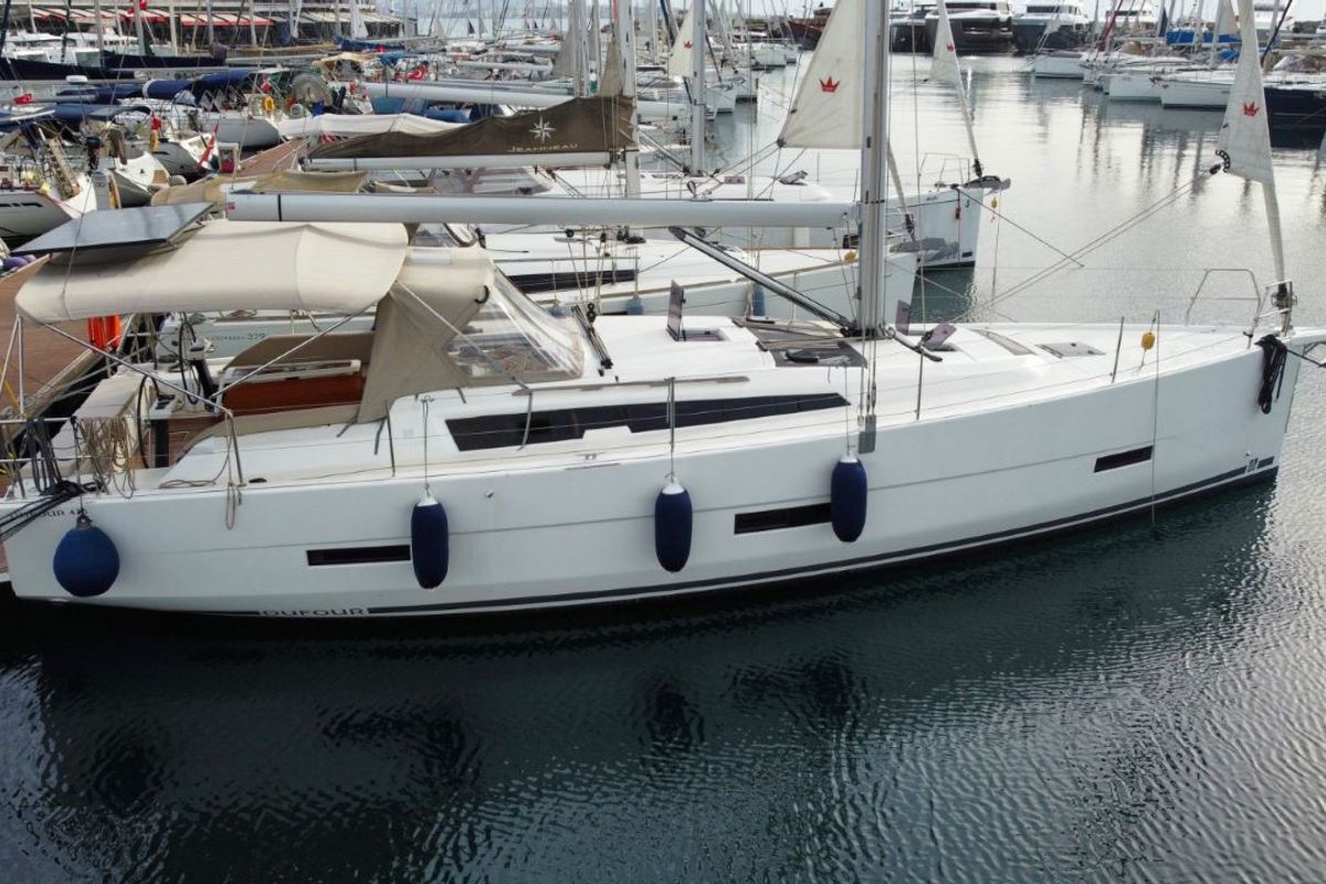 Exterior view of NEXUS , a Dufour 430 sailboat at Marmaris, Turkey