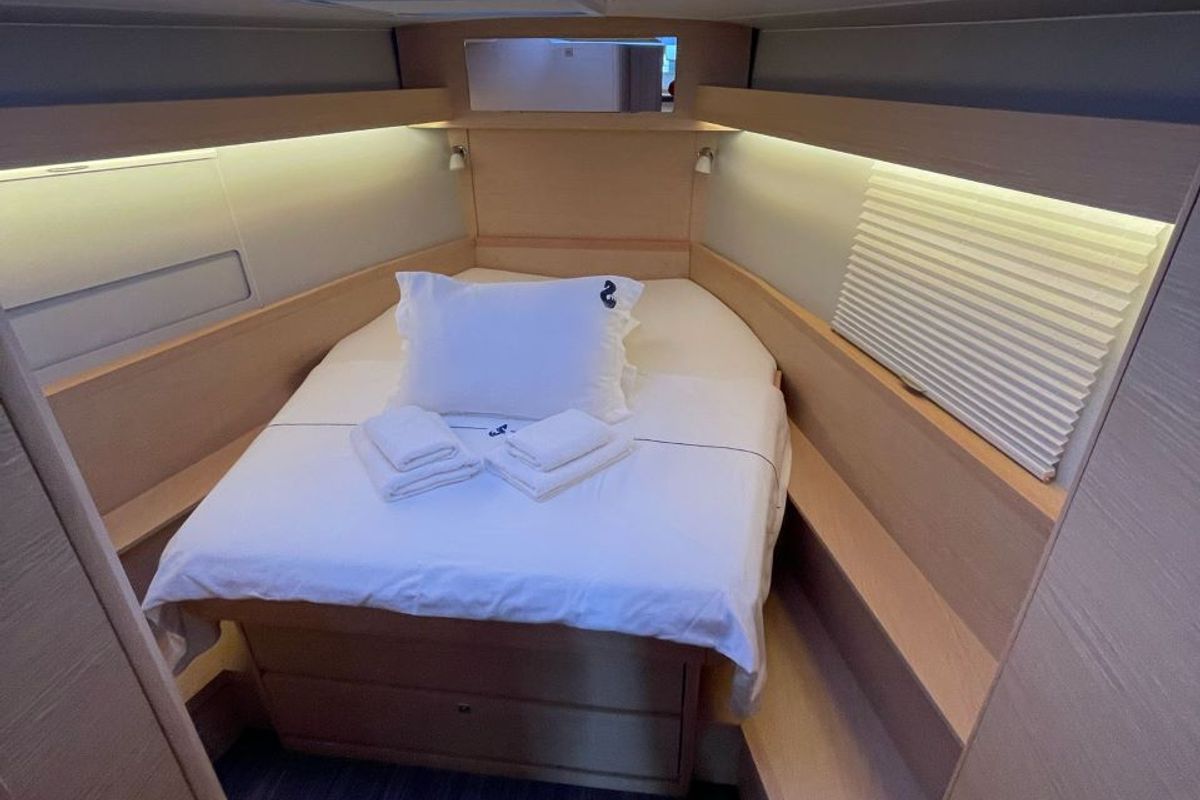 Cabin on NEXUS , a Dufour 430 sailboat at Marmaris, Turkey