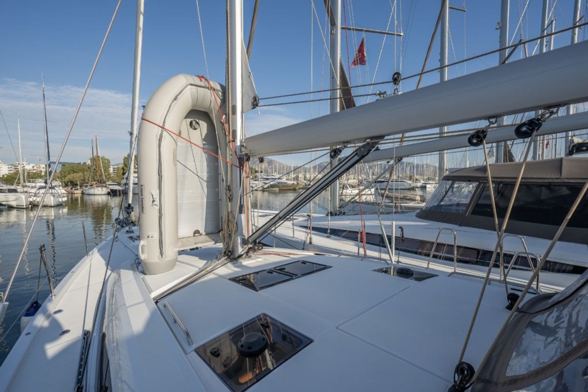 Deck of Erica, a Jeanneau 54 sailboat at Lavreotiki Municipal Unit, Greece