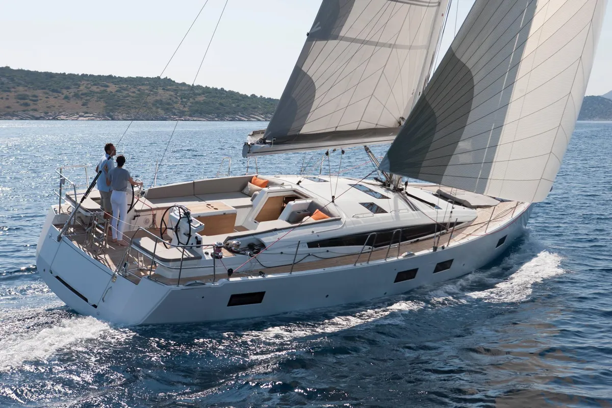 Exterior view of Erica, a Jeanneau 54 sailboat at Lavreotiki Municipal Unit, Greece