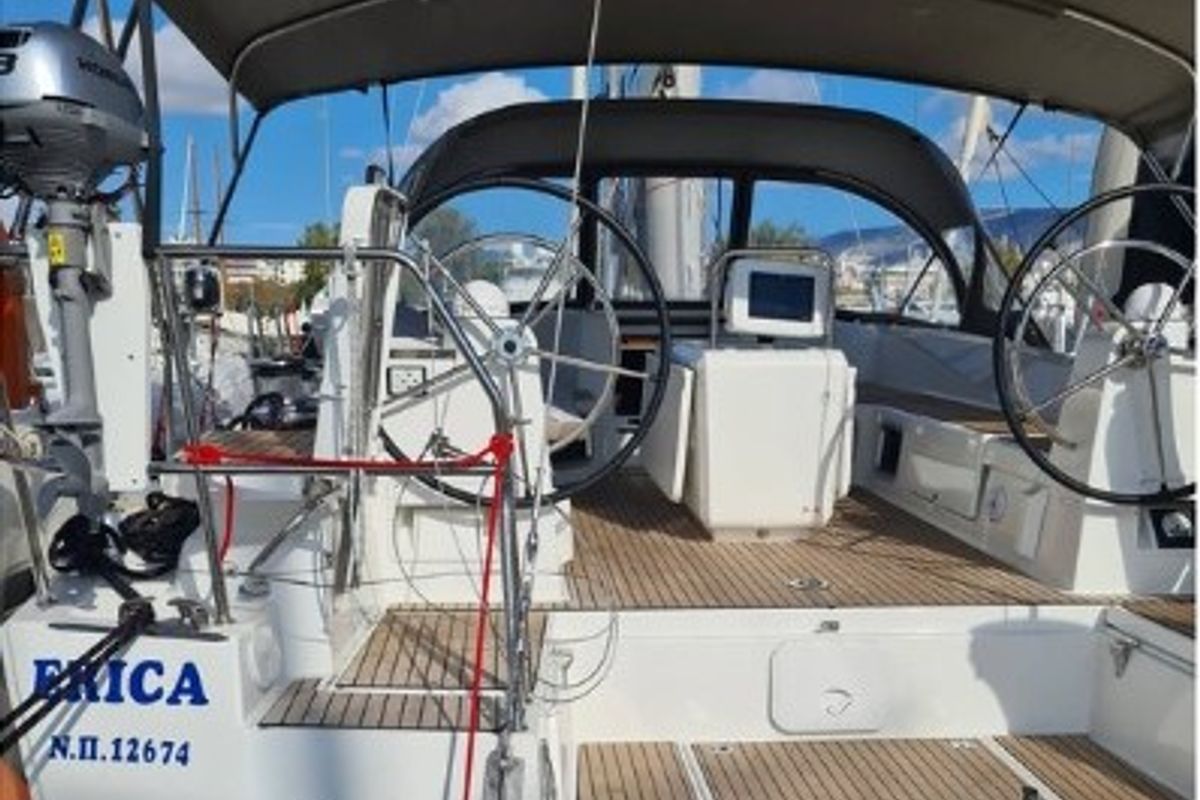 Cockpit of Erica, a Jeanneau 54 sailboat at Lavreotiki Municipal Unit, Greece