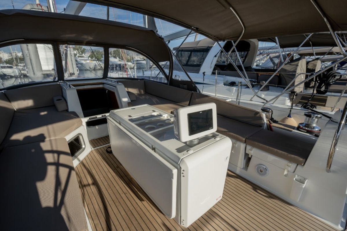 Cockpit of Erica, a Jeanneau 54 sailboat at Lavreotiki Municipal Unit, Greece