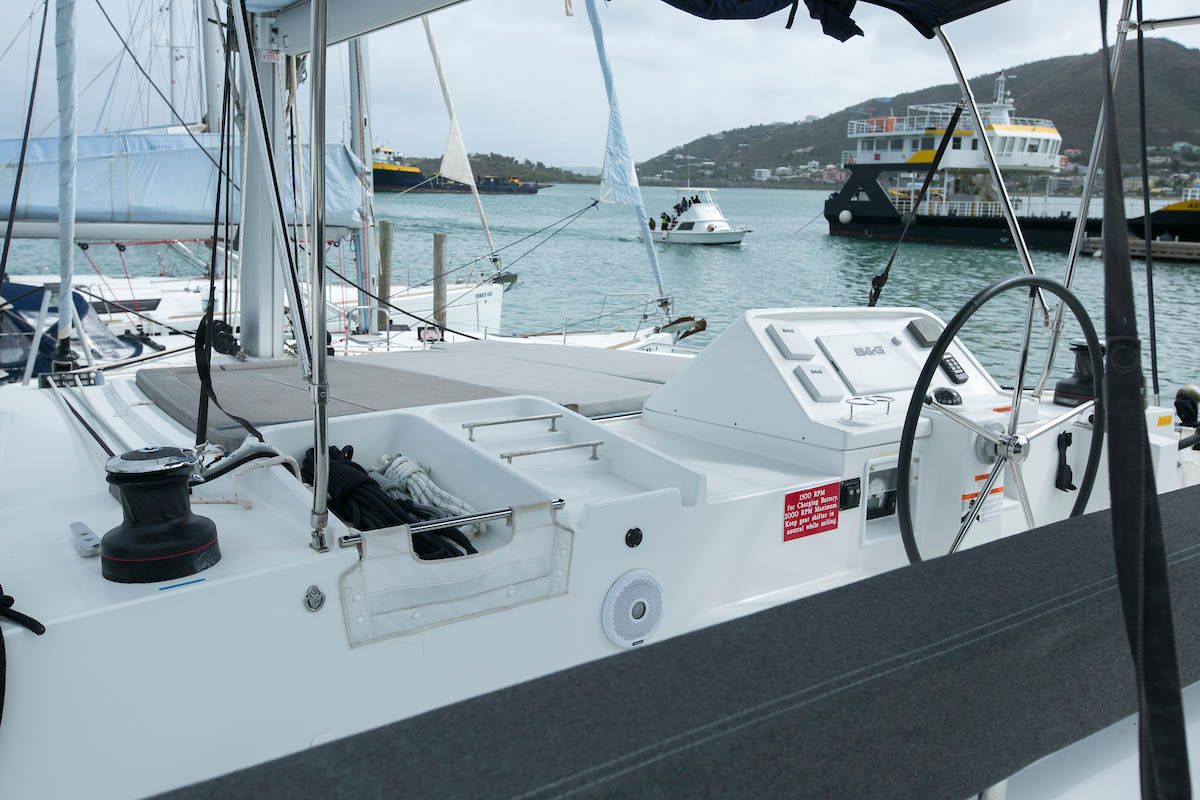 Cockpit of King Lewis, a Lagoon 450 F catamaran at Road Town, British Virgin Islands