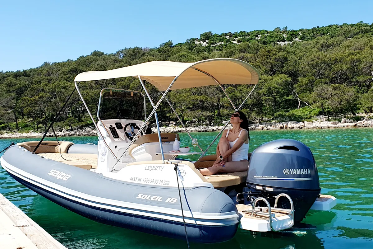Exterior view of Liberty, a Salpa Soleil 18 rib at Jezera, Croatia