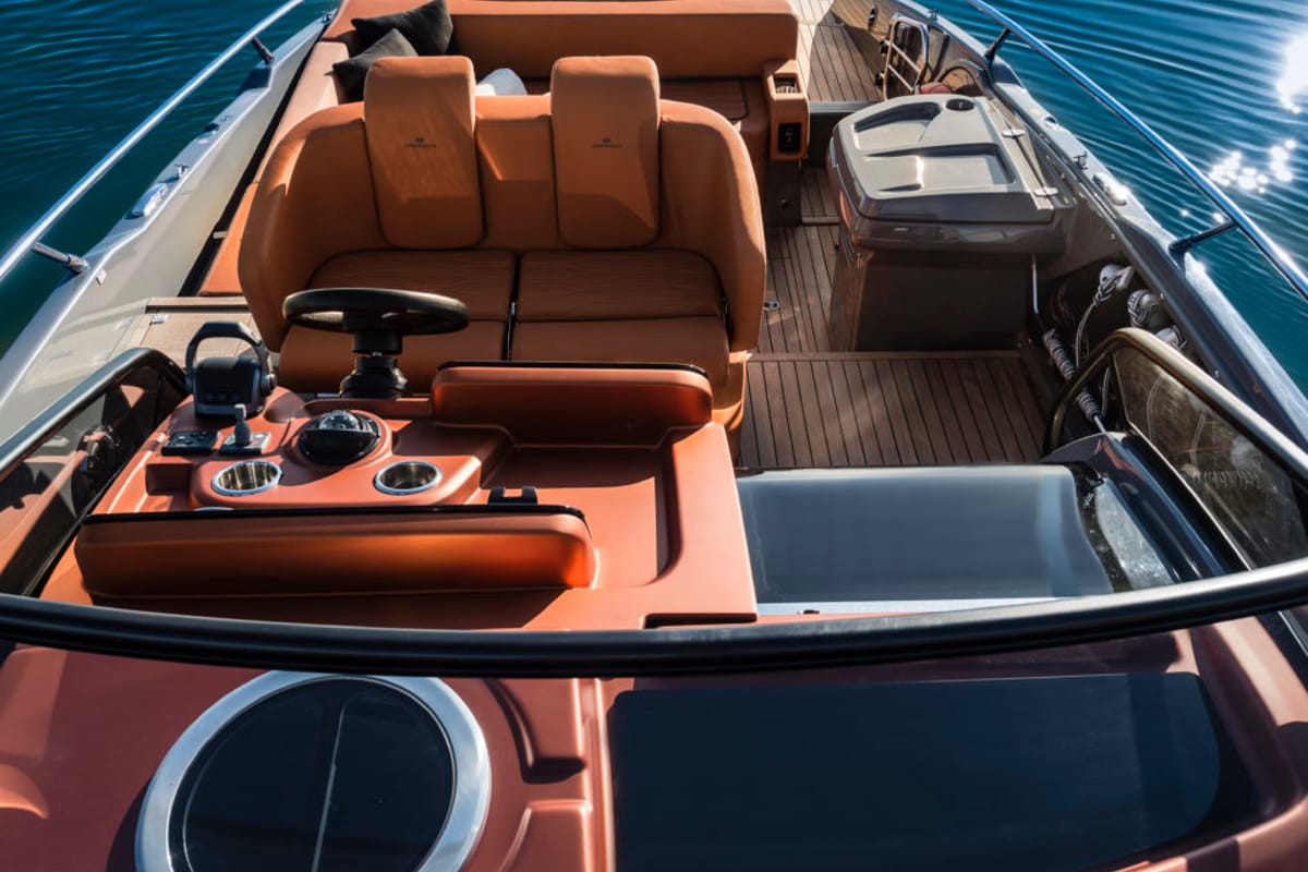 Cockpit of Aurora, a Cranchi E30 Endurance motorboat at Olbia, Italy