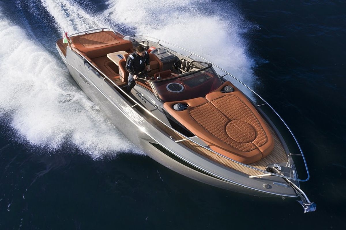 Exterior view of Aurora, a Cranchi E30 Endurance motorboat at Olbia, Italy