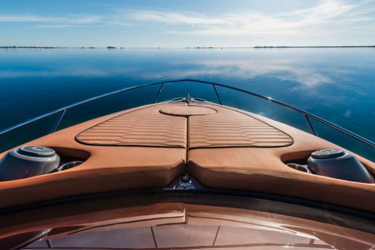 Deck of Aurora, a Cranchi E30 Endurance motorboat at Olbia, Italy