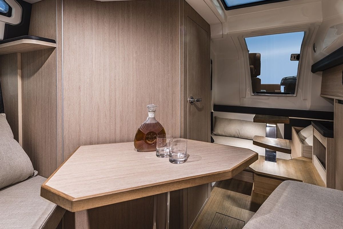 Salon of Aurora, a Cranchi E30 Endurance motorboat at Olbia, Italy