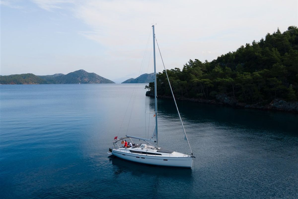 Exterior view of Nautilus One, a Bavaria Cruiser 46 sailboat at Fethiye, Turkey