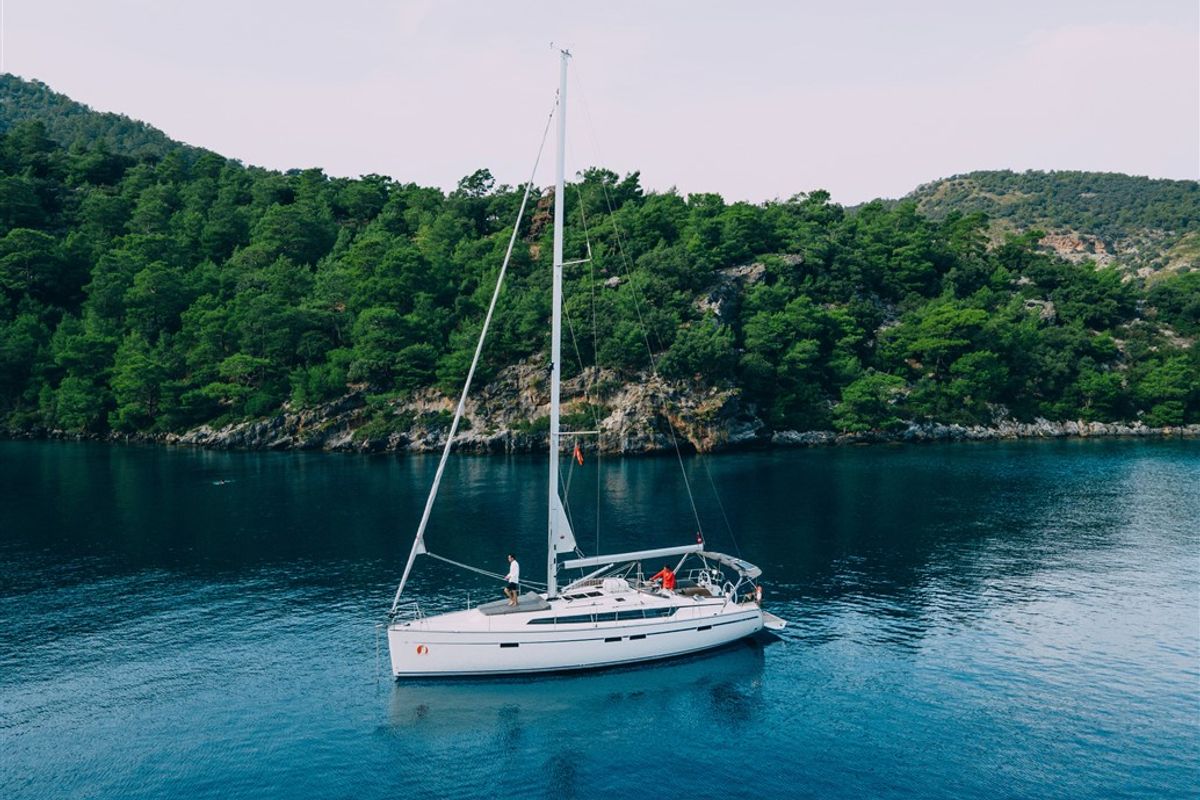 Exterior view of Nautilus One, a Bavaria Cruiser 46 sailboat at Fethiye, Turkey
