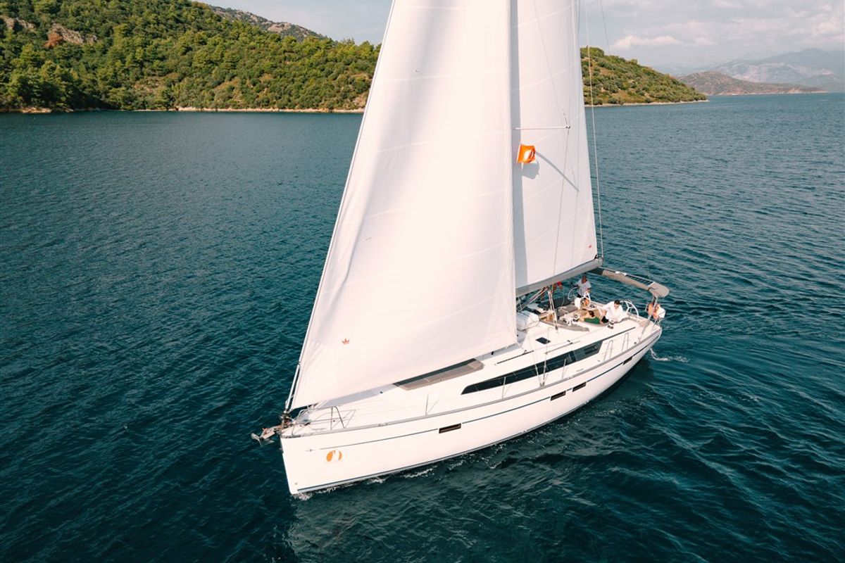 Exterior view of Nautilus One, a Bavaria Cruiser 46 sailboat at Fethiye, Turkey