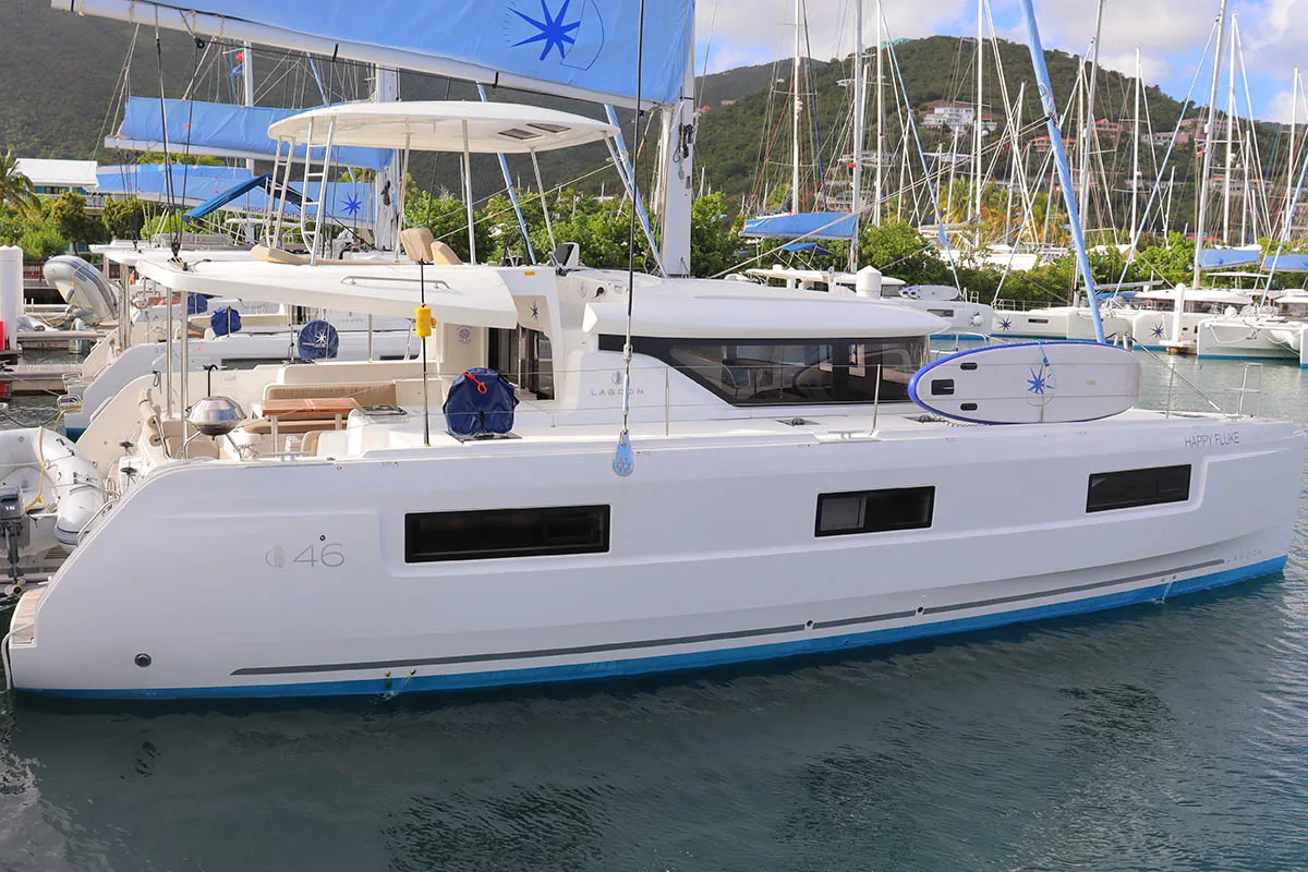 Exterior view of  Happy Fluke, a Lagoon 46 catamaran at Road Town, British Virgin Islands