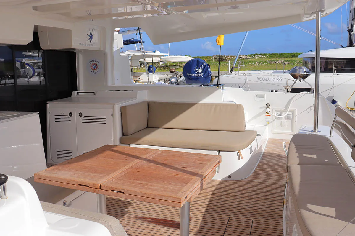 Deck of Happy Fluke, a Lagoon 46 catamaran at Road Town, British Virgin Islands