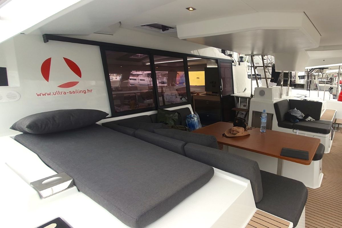 Deck of Adria Blue, a Fountaine Pajot Elba 45 catamaran at Seget Donji, Croatia