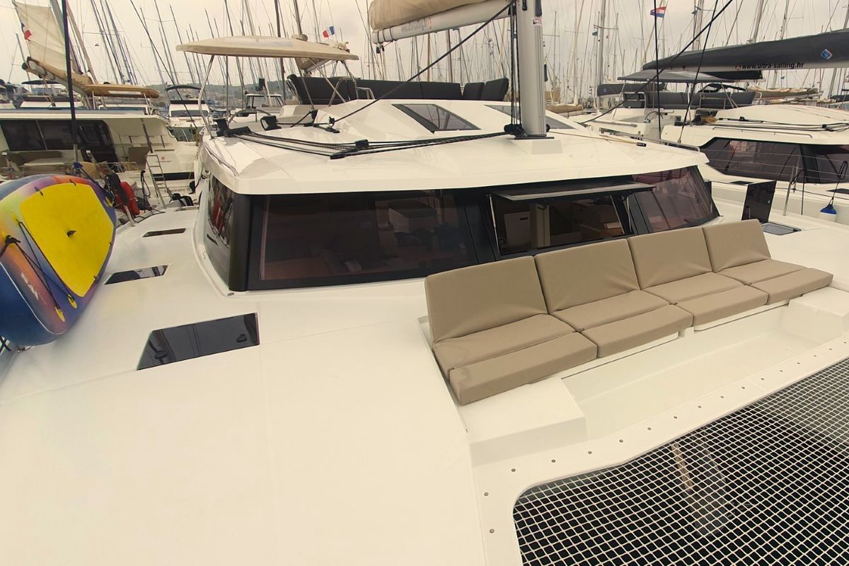 Deck of Adria Blue, a Fountaine Pajot Elba 45 catamaran at Seget Donji, Croatia