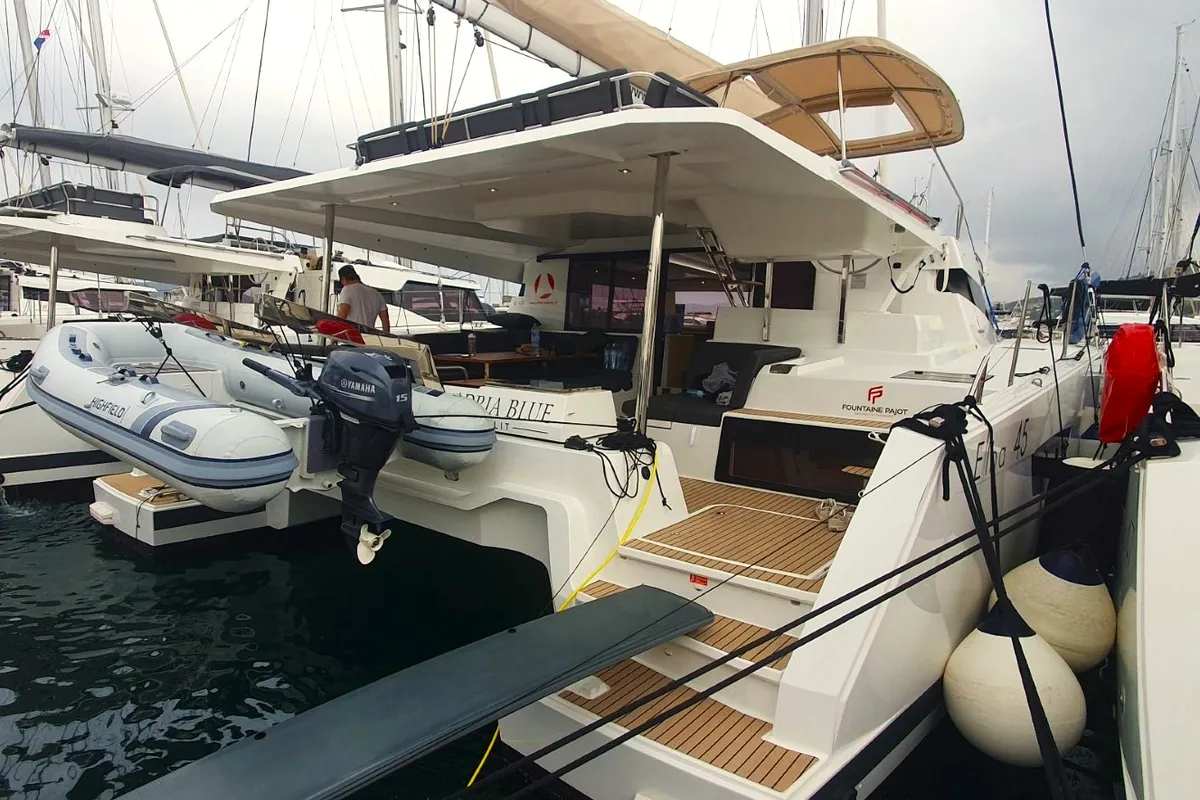 Exterior view of Adria Blue, a Fountaine Pajot Elba 45 catamaran at Seget Donji, Croatia