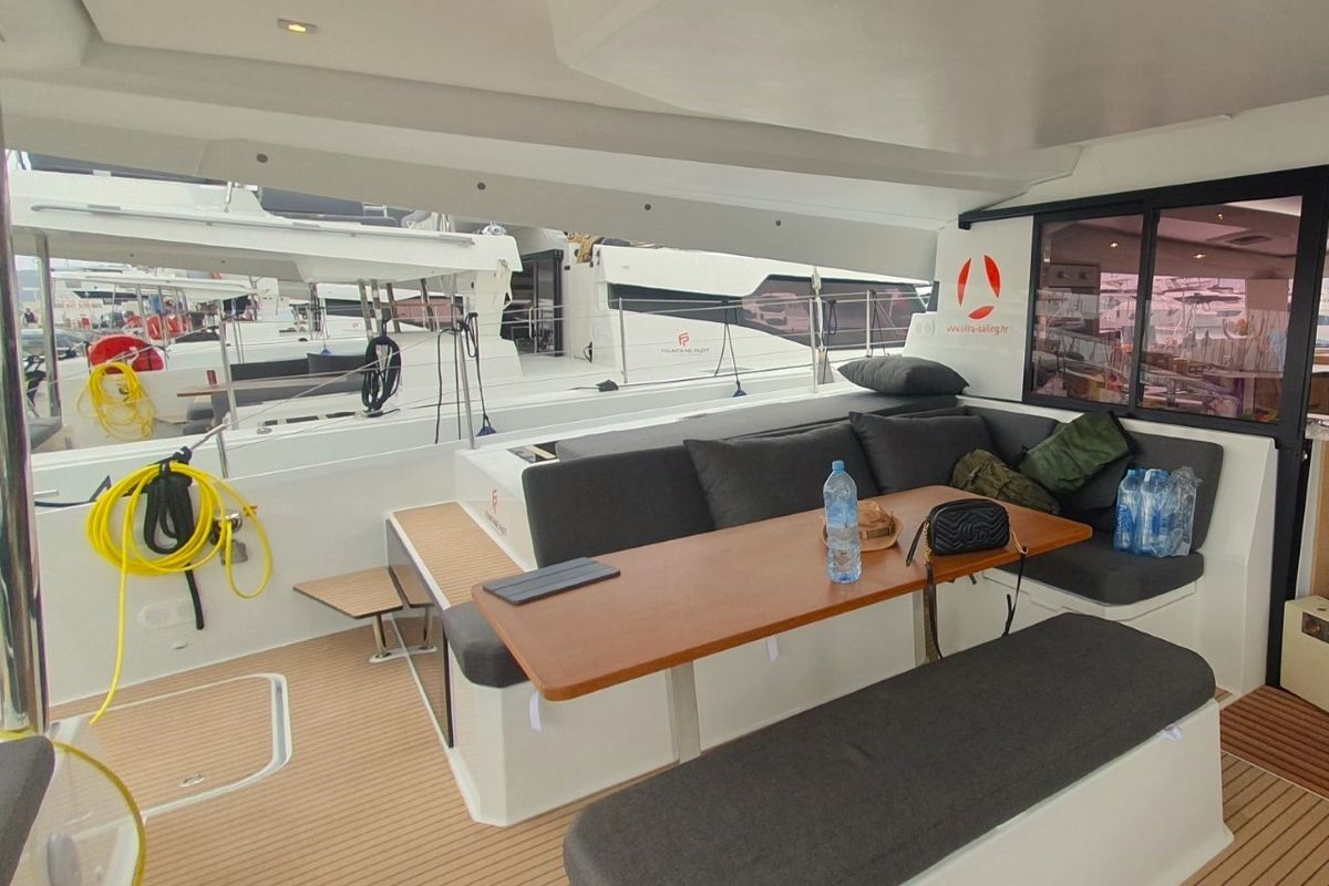 Deck of Adria Blue, a Fountaine Pajot Elba 45 catamaran at Seget Donji, Croatia