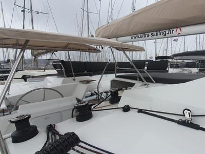 Cockpit of Adria Blue, a Fountaine Pajot Elba 45 catamaran at Seget Donji, Croatia