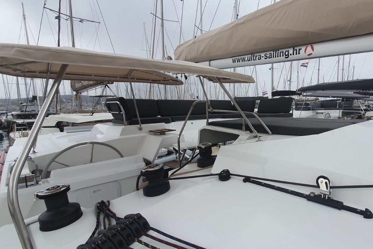 Cockpit of Adria Blue, a Fountaine Pajot Elba 45 catamaran at Seget Donji, Croatia