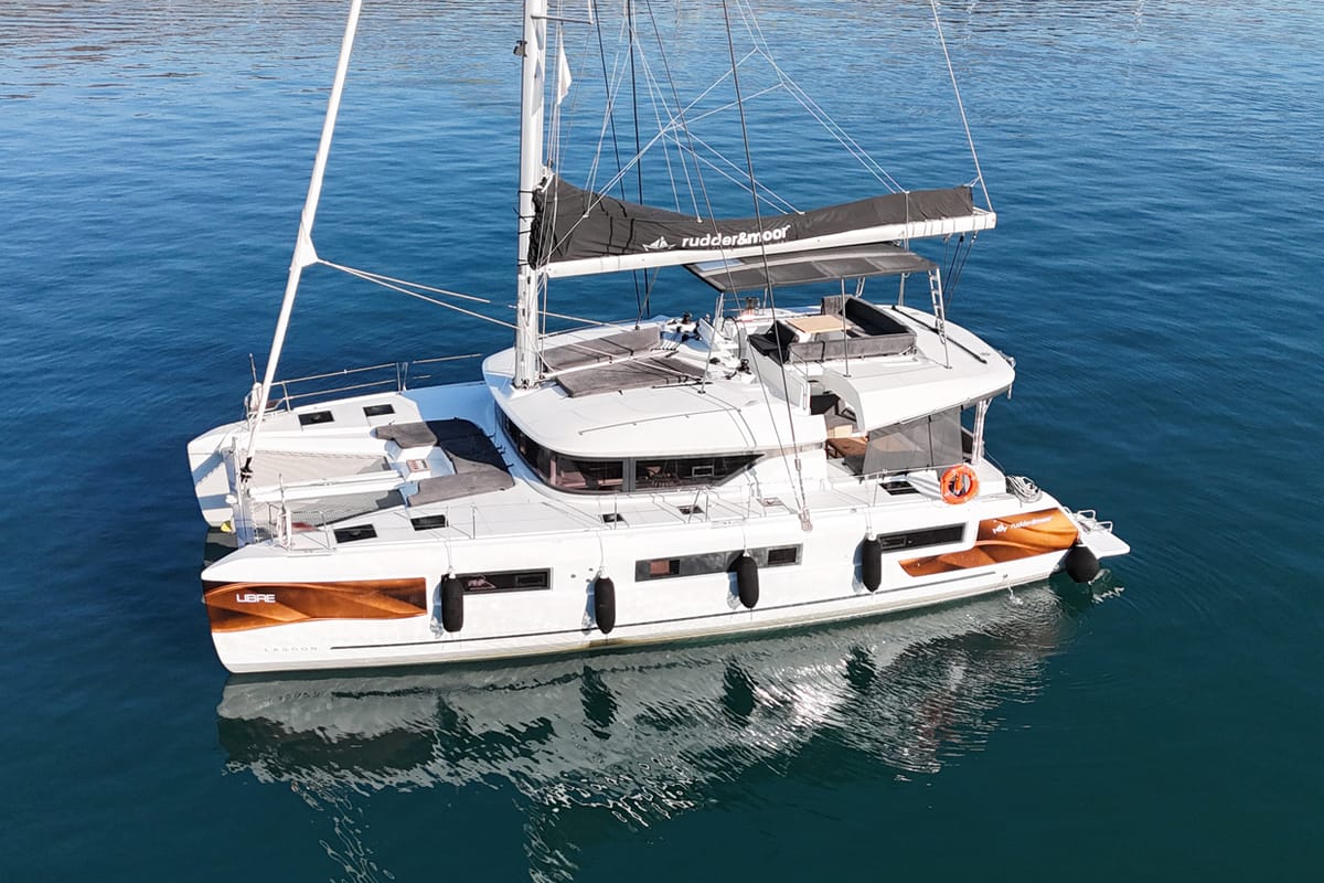 Exterior view of Libre, a Lagoon 51 catamaran at Fethiye, Turkey