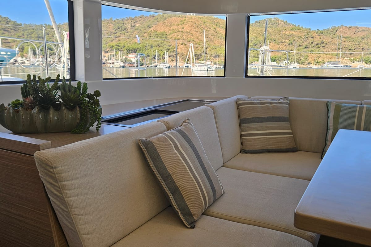 Salon of Libre, a Lagoon 51 catamaran at Fethiye, Turkey